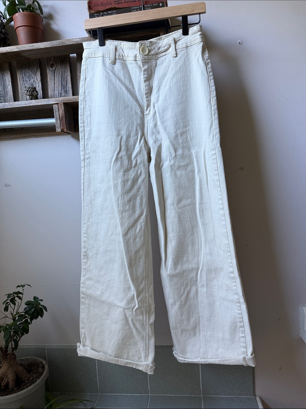 OAT New York High Rise Wide Leg Sailor Jeans Cream Cuffed Raw Hem 10/30